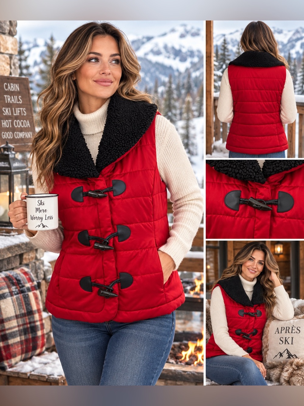 Lauren Ralph Lauren Red Quilted Puffer Vest Faux Sherpa Collar, Toggles & Snaps